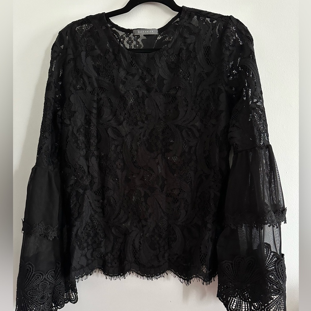 Suzy Shier Black Ruffled Bell Sleeve Blouse